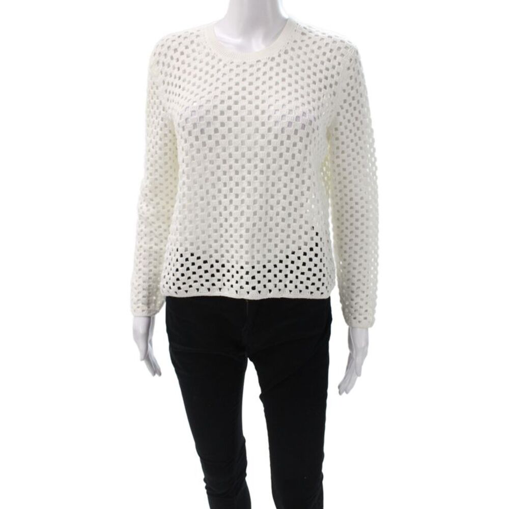 Theory Women Pullover White Crewneck Long Sleeve Crochet Size M